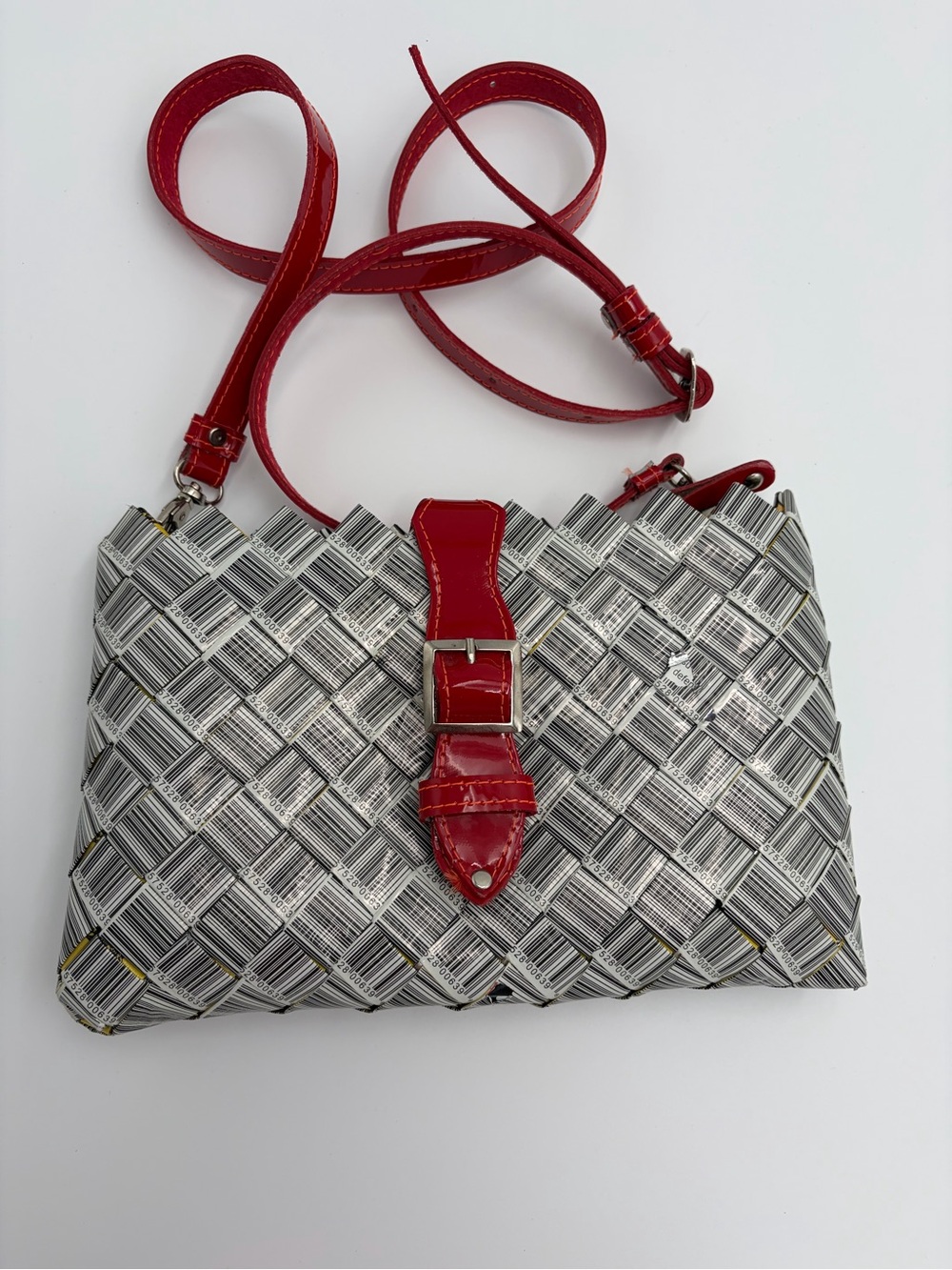 Nahui Ollin Barcode Wrapper Crossbody Red Patent Y2K Indie Art Bag